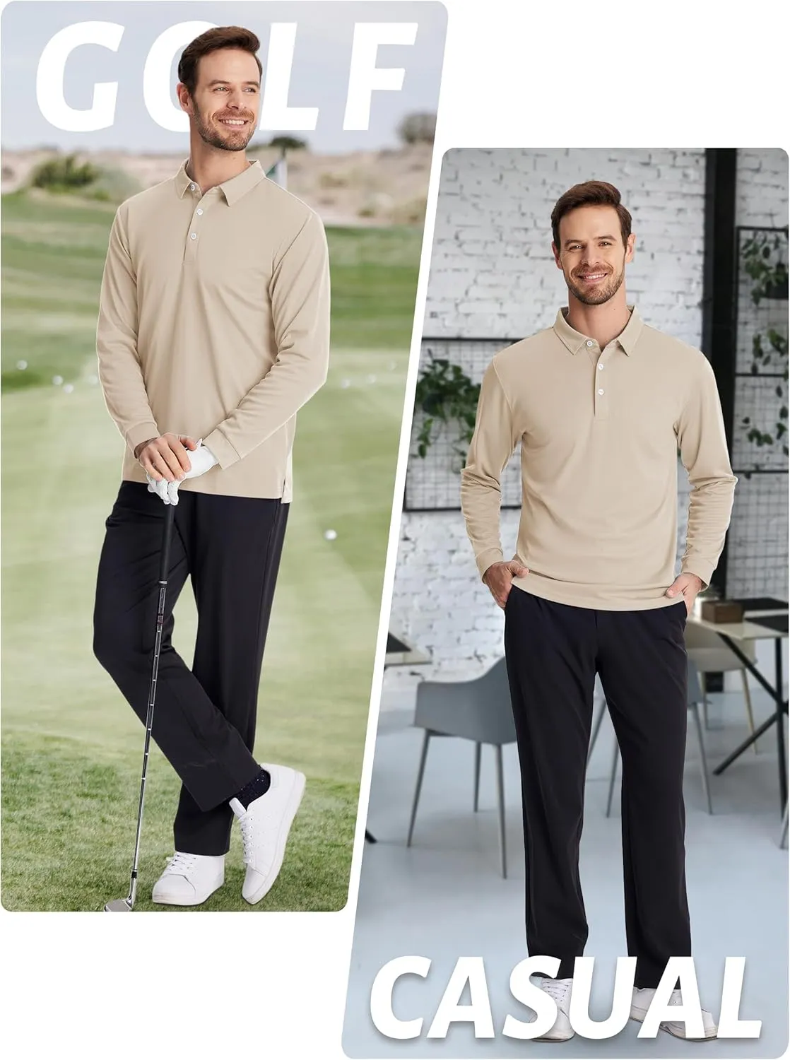 TACVASEN Men's Polo Shirts Long Sleeve Golf Quick Dry Moisture Wicking Lightweight Casual Shirt with 3-Buttons