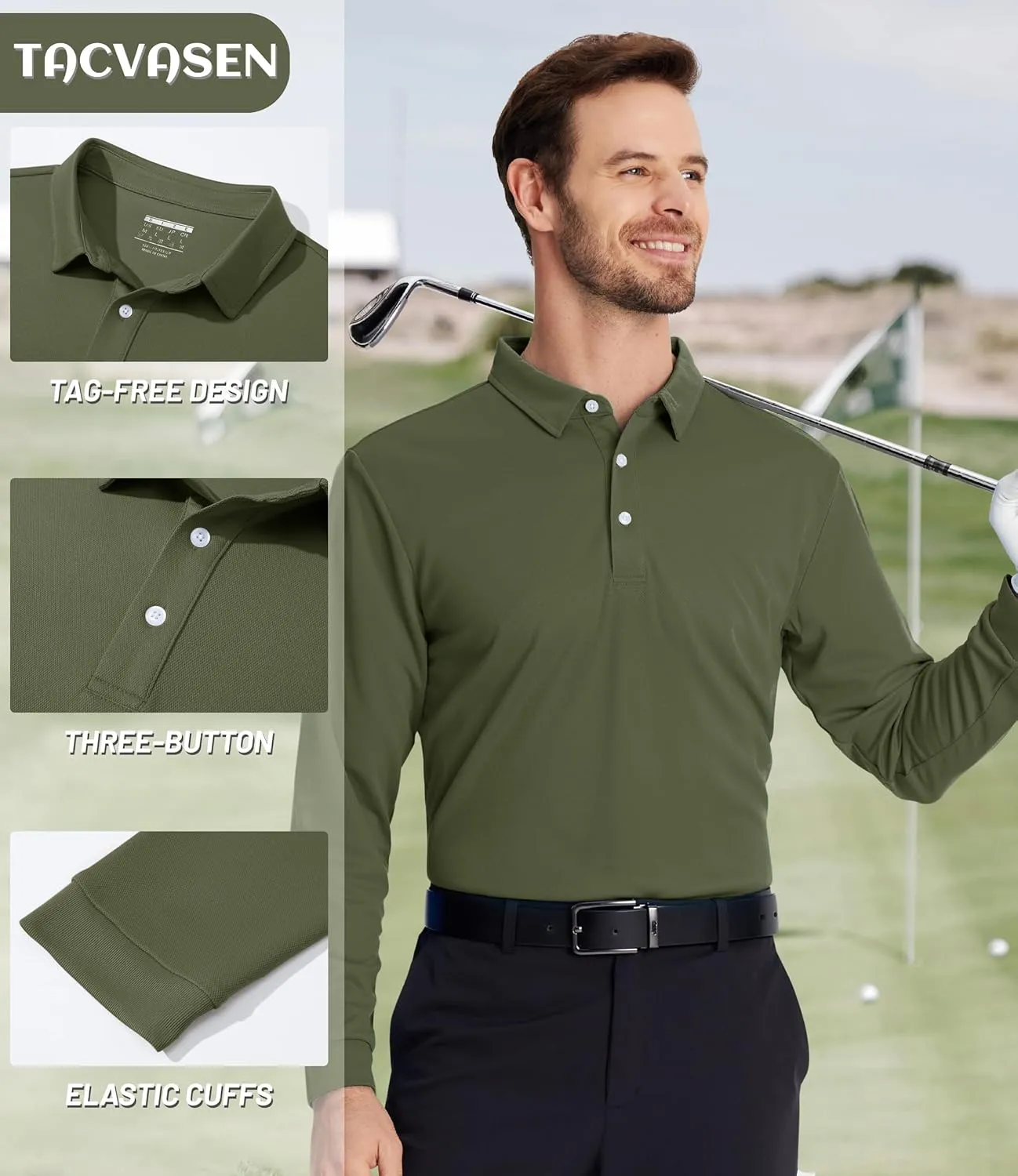 TACVASEN Men's Polo Shirts Long Sleeve Golf Quick Dry Moisture Wicking Lightweight Casual Shirt with 3-Buttons