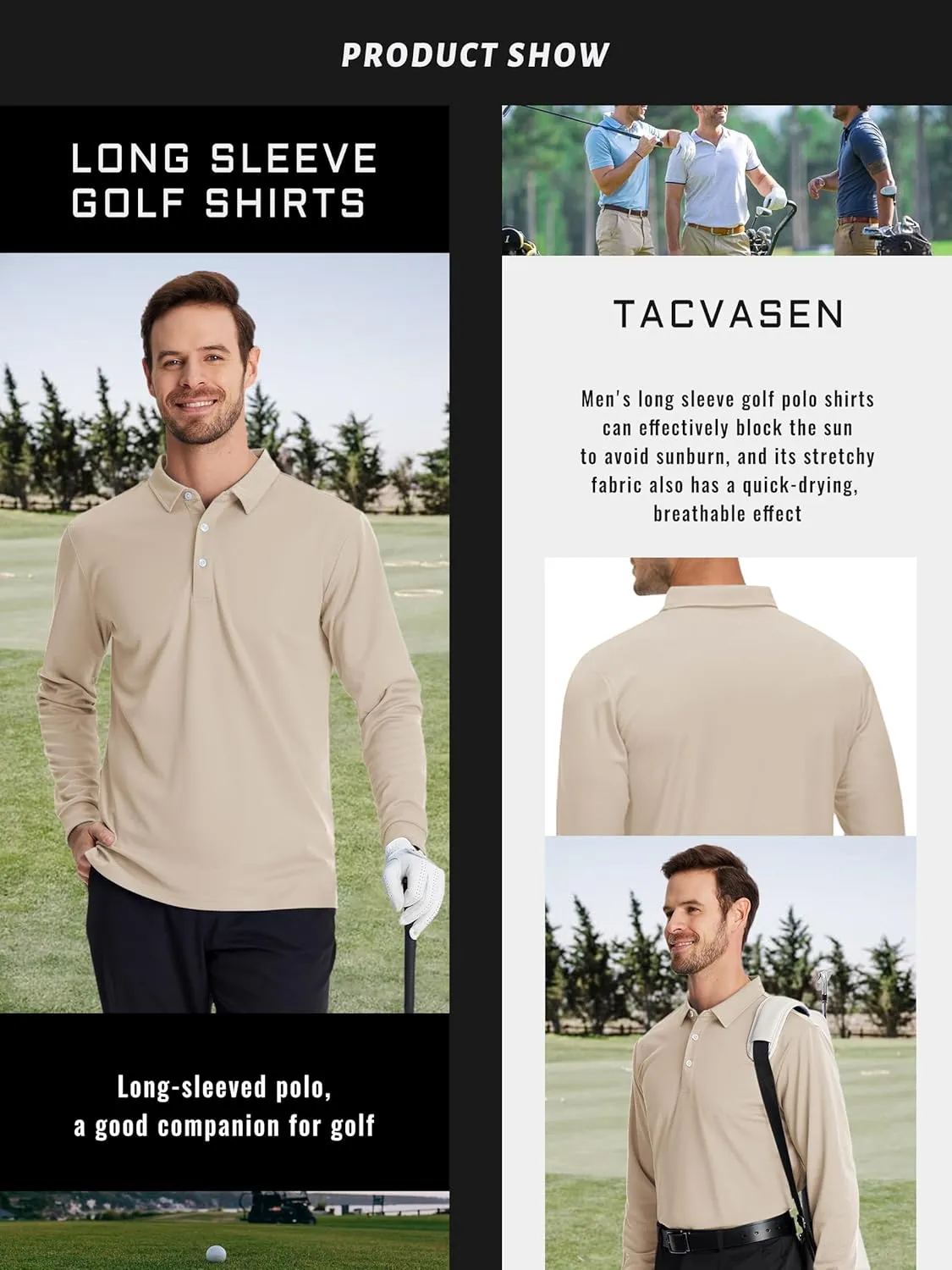 TACVASEN Men's Polo Shirts Long Sleeve Golf Quick Dry Moisture Wicking Lightweight Casual Shirt with 3-Buttons