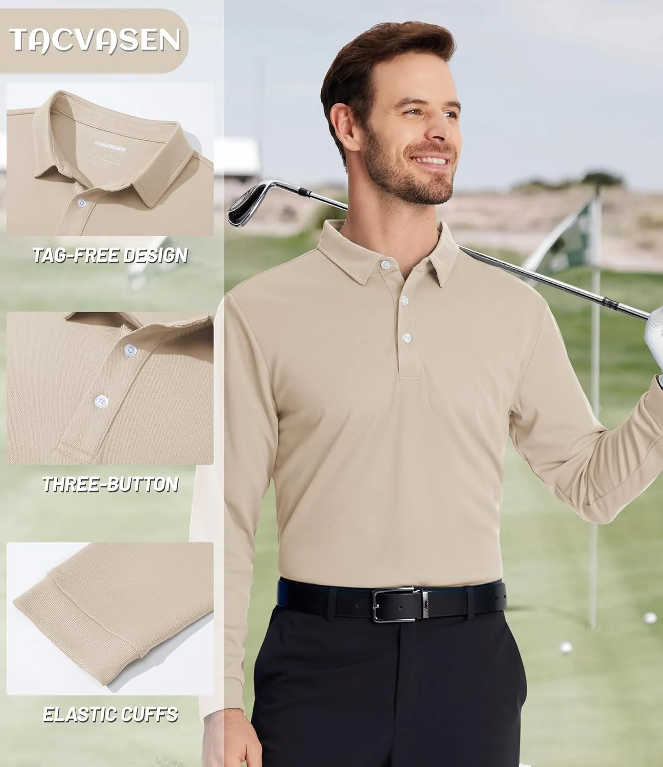 TACVASEN Men's Polo Shirts Long Sleeve Golf Quick Dry Moisture Wicking Lightweight Casual Shirt with 3-Buttons
