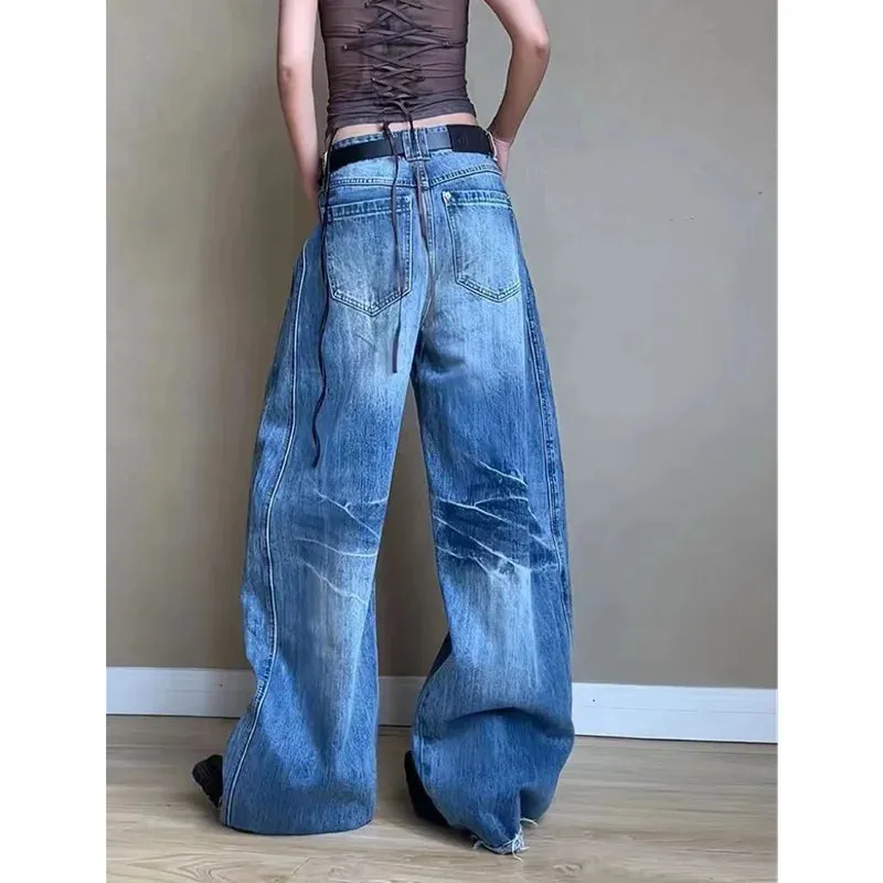 TAIVIMART  -  Blue Womens Jeans High Waist Vintage Straight Autumn Y2K Classic Denim Pants Streetwear American Wide Leg Baggy Denim Trouser