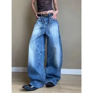 TAIVIMART  -  Blue Womens Jeans High Waist Vintage Straight Autumn Y2K Classic Denim Pants Streetwear American Wide Leg Baggy Denim Trouser