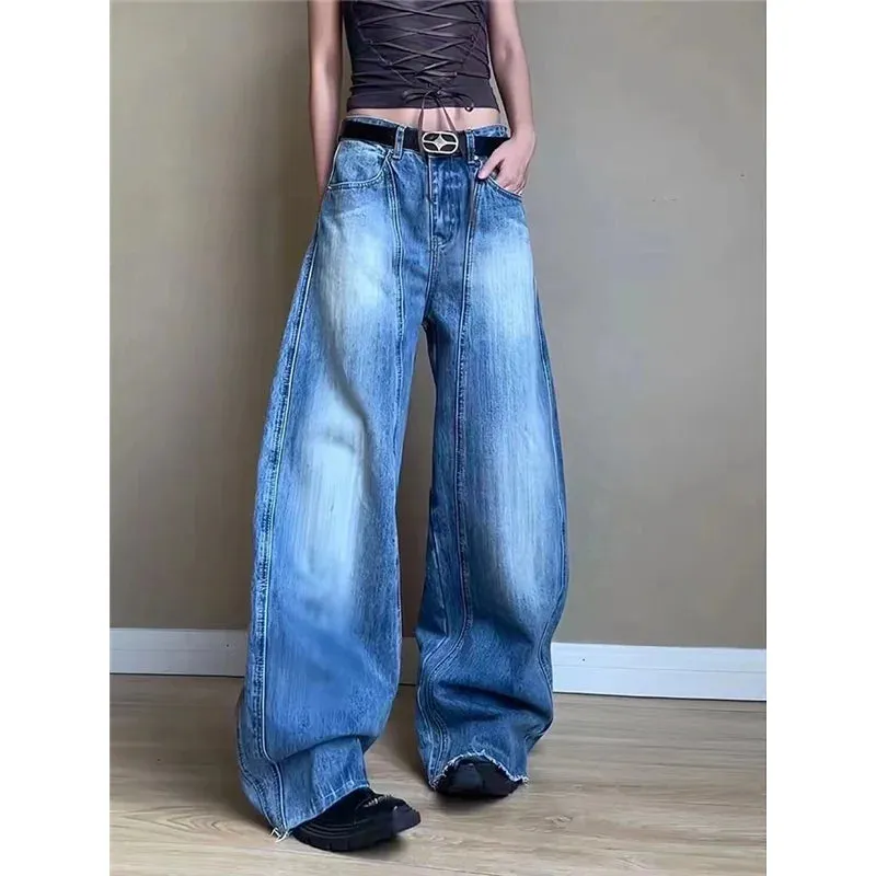 TAIVIMART  -  Blue Womens Jeans High Waist Vintage Straight Autumn Y2K Classic Denim Pants Streetwear American Wide Leg Baggy Denim Trouser