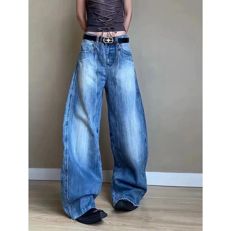 TAIVIMART  -  Blue Womens Jeans High Waist Vintage Straight Autumn Y2K Classic Denim Pants Streetwear American Wide Leg Baggy Denim Trouser
