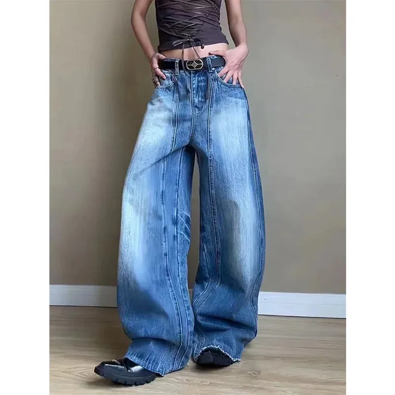 TAIVIMART  -  Blue Womens Jeans High Waist Vintage Straight Autumn Y2K Classic Denim Pants Streetwear American Wide Leg Baggy Denim Trouser