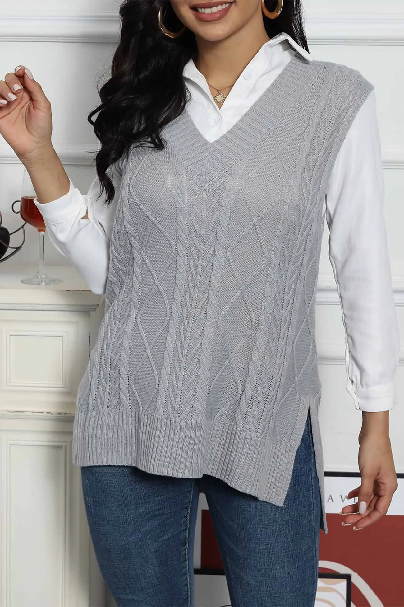 V Neck Sleeveless Plaid Cable Knit Tank Top Sweaters