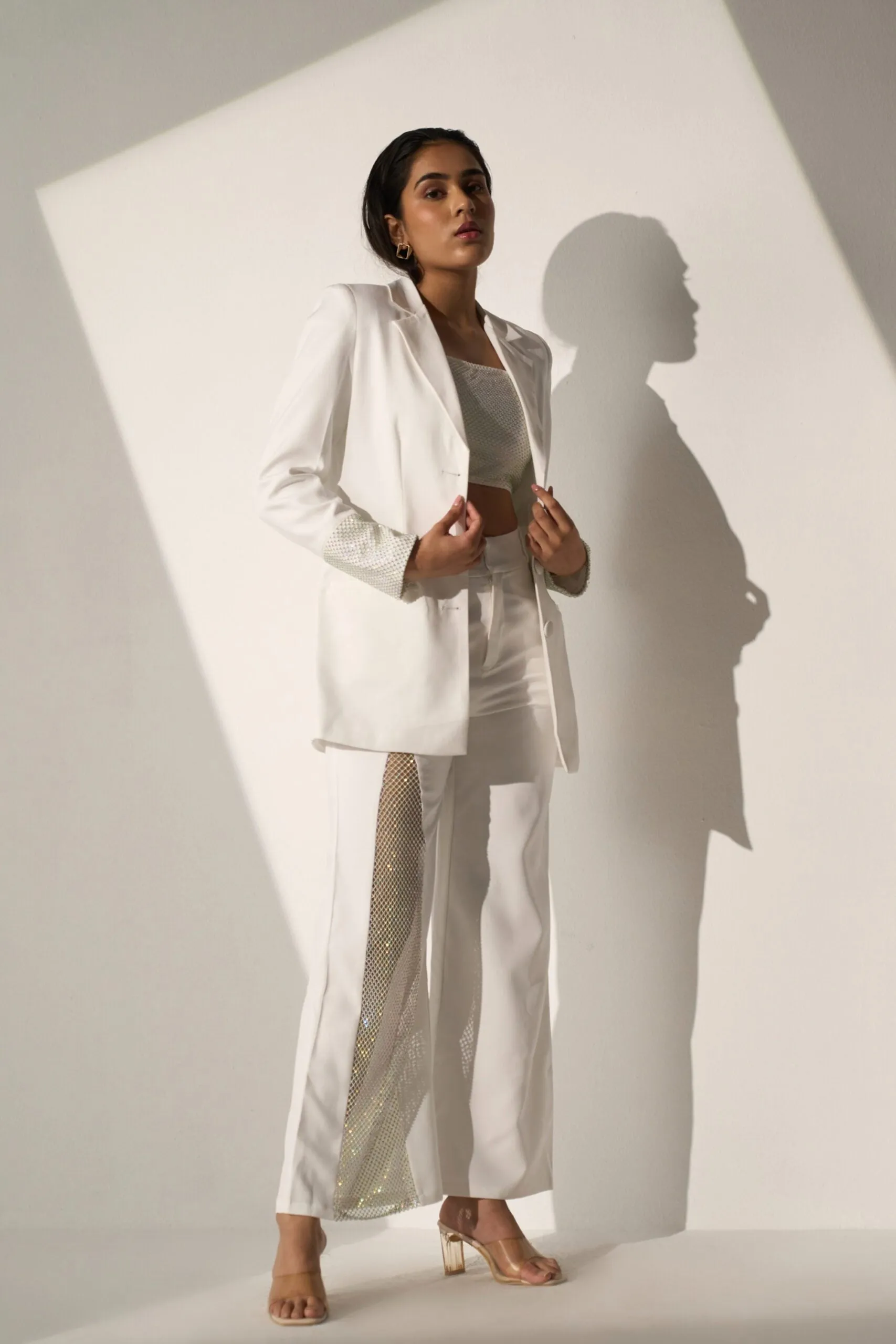 White Crystal Mesh Blazer with Pants and  a bralette-style top