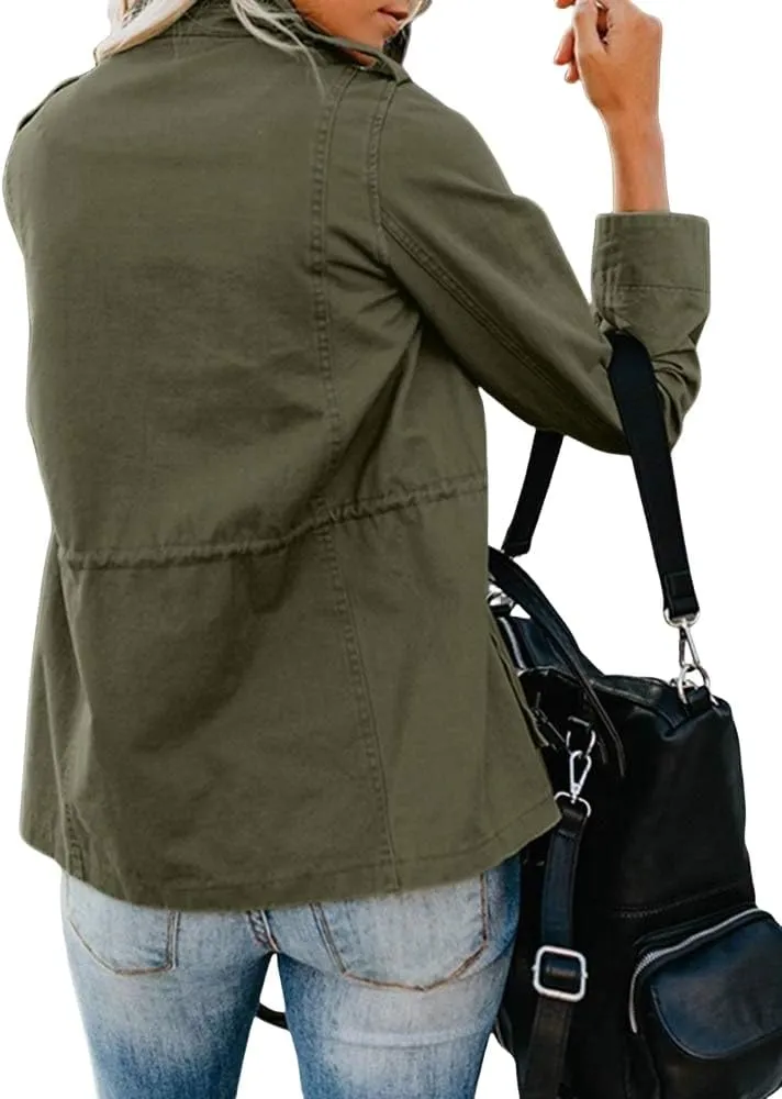 Womens Fall Jackets Military Anorak Jackets Lightweight Cargo Jacket Snap Buttons Parka Safari Utility Coats Pockets