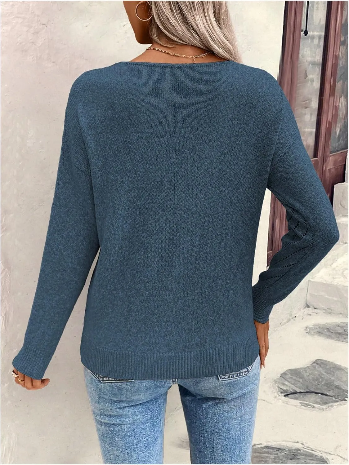 Women's Hollow Out Pullover Sweaters Vintage Lightweight V Neck Long Sleeve Oversize Knit Tops