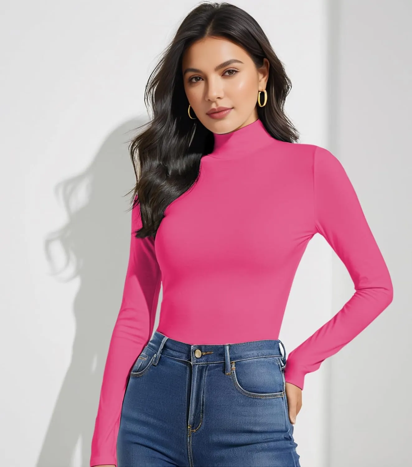 Women's Long Sleeve Mock Turtleneck Tops, Lightweight Baselayer Shirts, High Neck Pullover Undershirts Stretchy