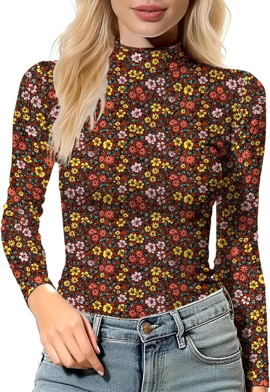 Women's Long Sleeve Mock Turtleneck Tops, Lightweight Baselayer Shirts, High Neck Pullover Undershirts Stretchy