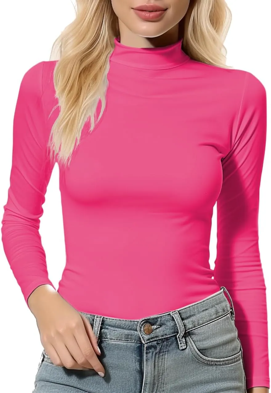 Women's Long Sleeve Mock Turtleneck Tops, Lightweight Baselayer Shirts, High Neck Pullover Undershirts Stretchy