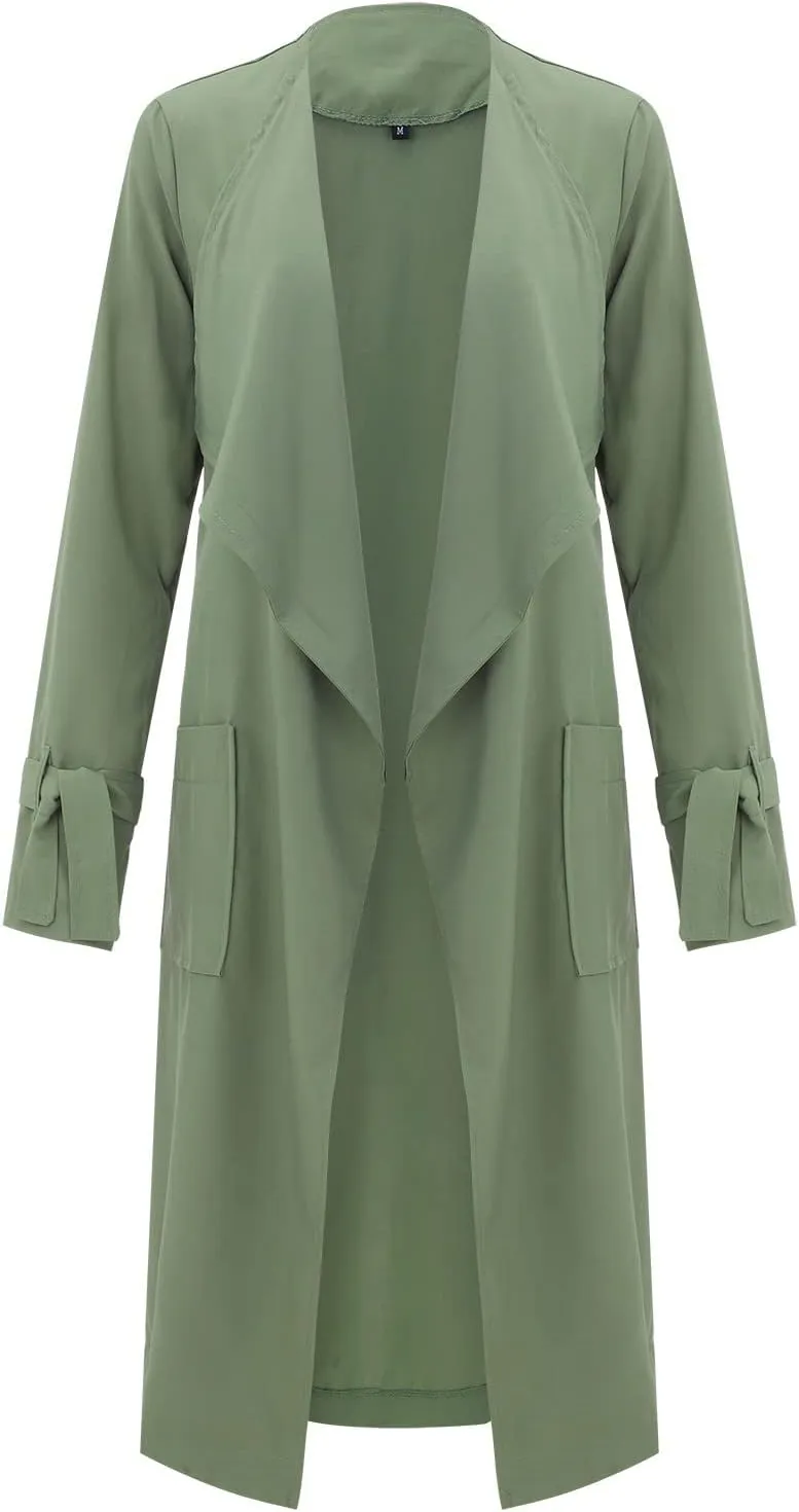 Women's Open Front Long Trench Coats Long Sleeve Slim Casual Pockted Windproof Overcoat with Belt and Cuff Straps