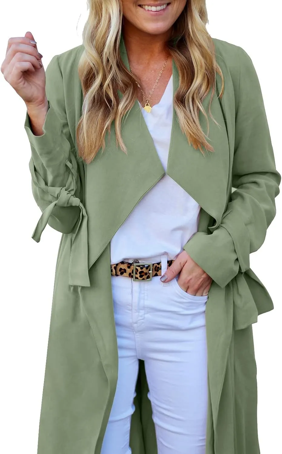 Women's Open Front Long Trench Coats Long Sleeve Slim Casual Pockted Windproof Overcoat with Belt and Cuff Straps