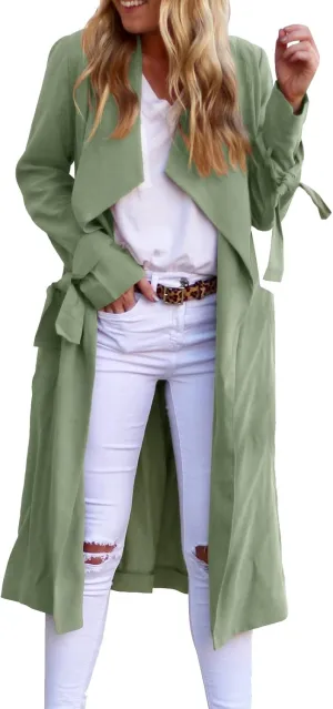 Women's Open Front Long Trench Coats Long Sleeve Slim Casual Pockted Windproof Overcoat with Belt and Cuff Straps