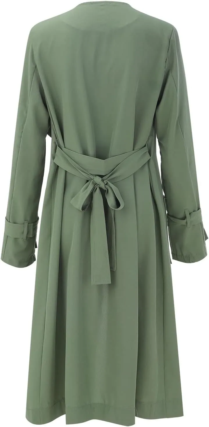Women's Open Front Long Trench Coats Long Sleeve Slim Casual Pockted Windproof Overcoat with Belt and Cuff Straps