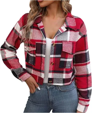 Womens Plaid Cropped Shacket Button Down Flannel Shirts Pockets Long Sleeve Light Jacket Fall Winter Fashion Coats