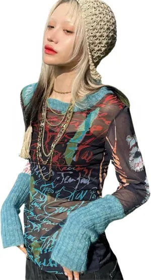 Women's Sexy Mesh See Through T Shirt Fashion Money Print Long Sleeve Crop Top Slim Tee Tops