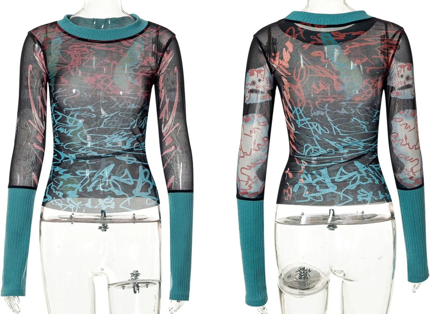 Women's Sexy Mesh See Through T Shirt Fashion Money Print Long Sleeve Crop Top Slim Tee Tops