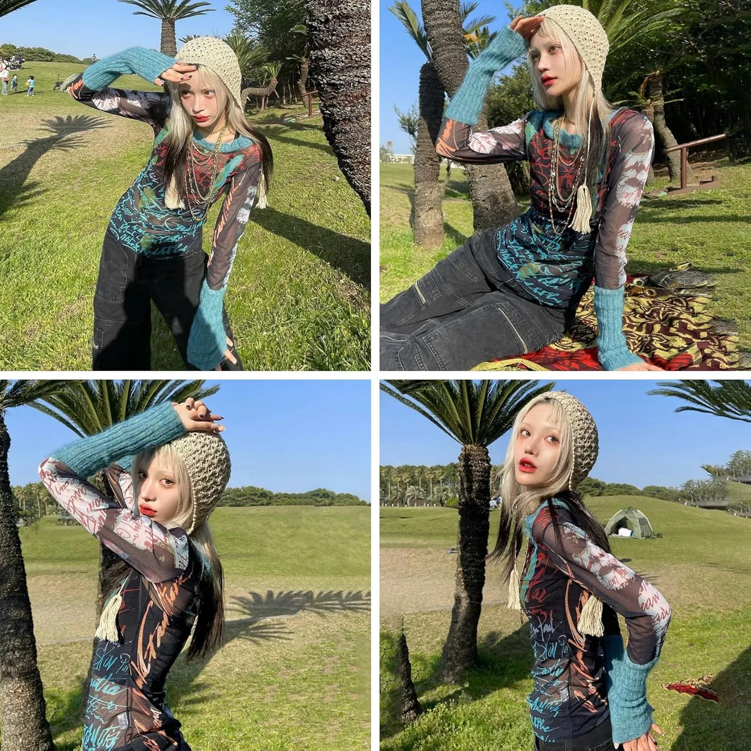 Women's Sexy Mesh See Through T Shirt Fashion Money Print Long Sleeve Crop Top Slim Tee Tops