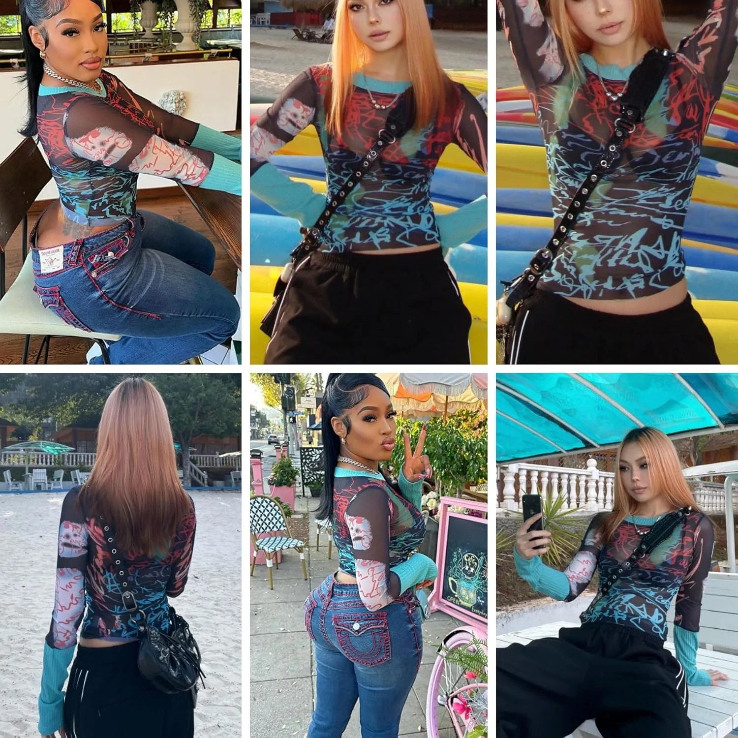 Women's Sexy Mesh See Through T Shirt Fashion Money Print Long Sleeve Crop Top Slim Tee Tops