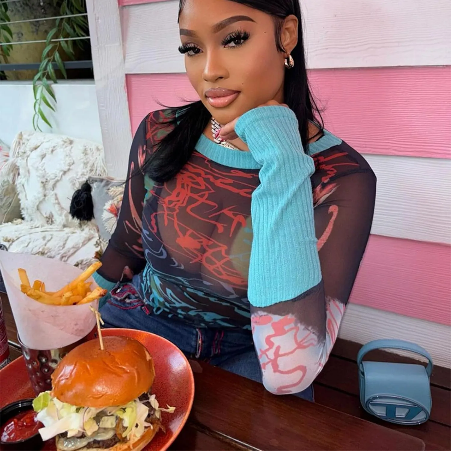 Women's Sexy Mesh See Through T Shirt Fashion Money Print Long Sleeve Crop Top Slim Tee Tops