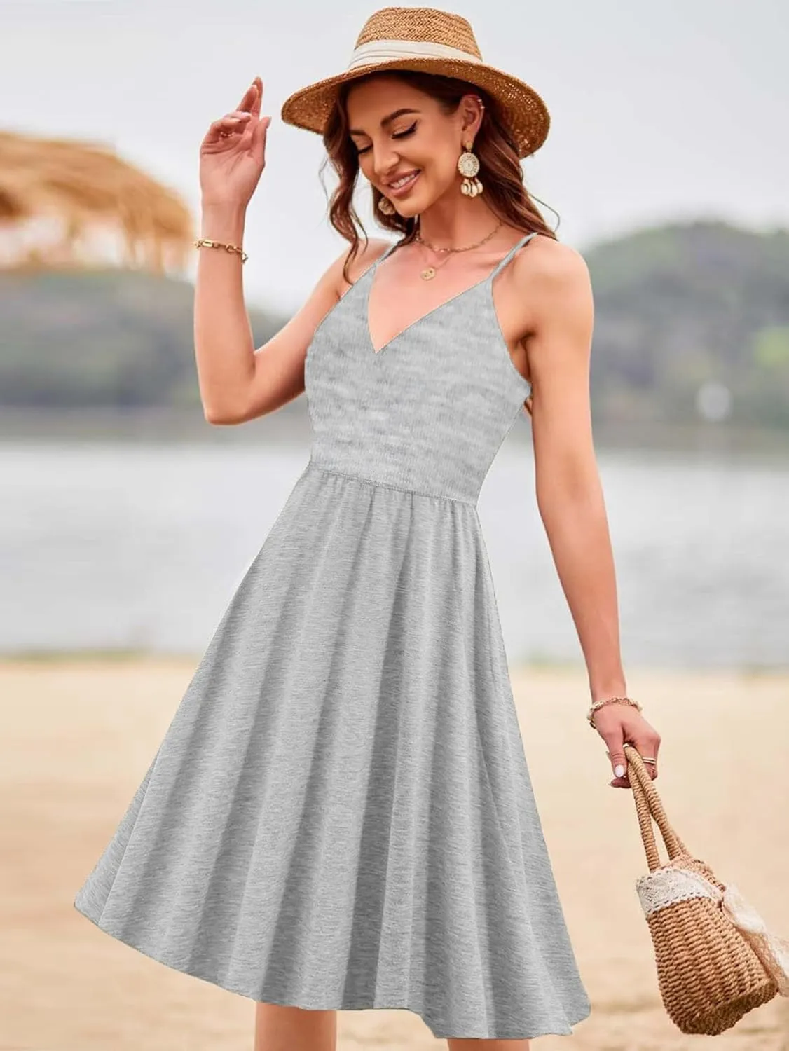 Womens Summer Dresses Spaghetti Strap Floral Dress Casual V Neck Midi Dress Cute A-Line Beach Dress with Pockets