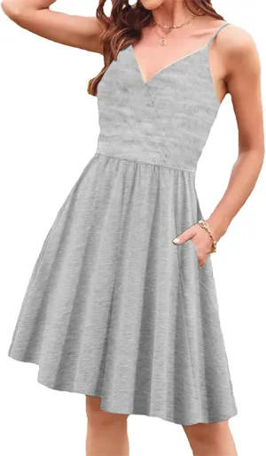 Womens Summer Dresses Spaghetti Strap Floral Dress Casual V Neck Midi Dress Cute A-Line Beach Dress with Pockets