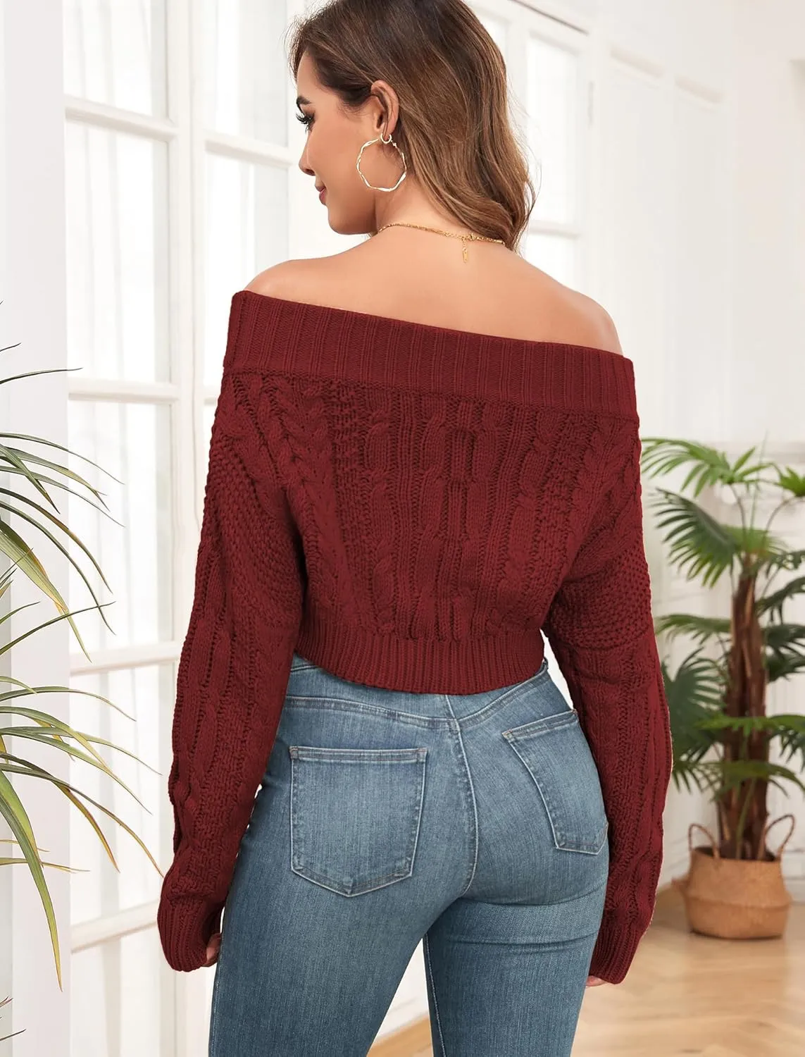 ZAFUL Women V Neck Button Knit Crop Sweaters Batwing Sleeve V Back Ribbed Hem Pullover Sweater