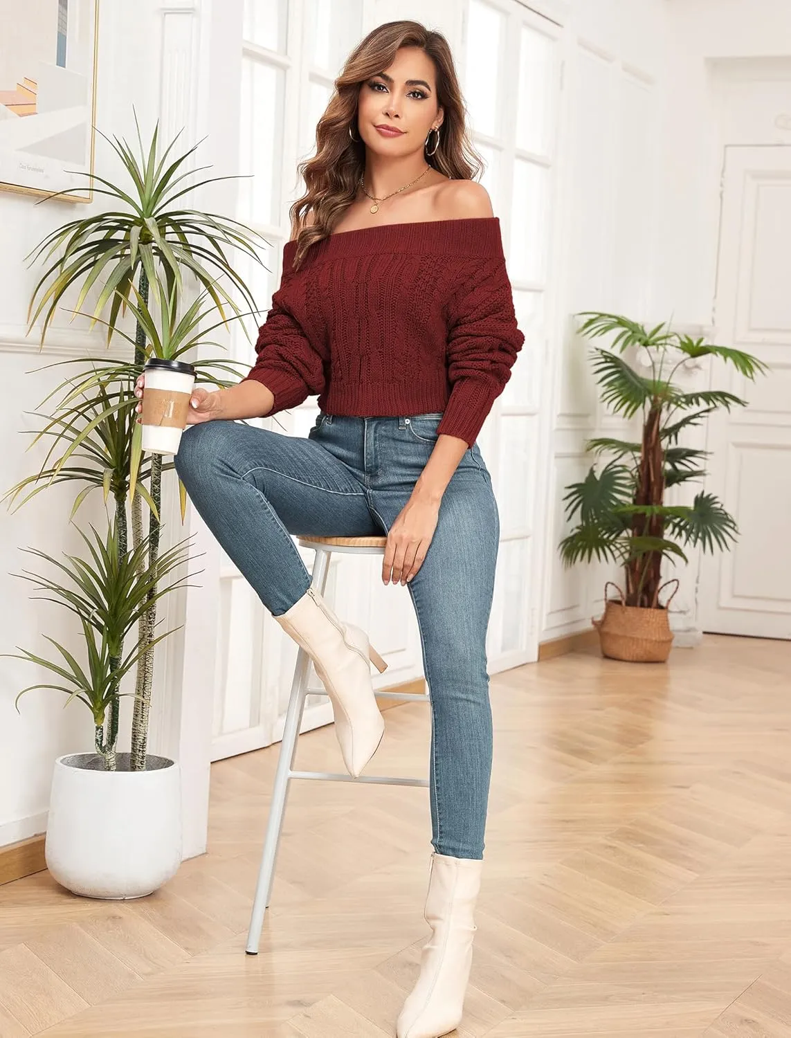 ZAFUL Women V Neck Button Knit Crop Sweaters Batwing Sleeve V Back Ribbed Hem Pullover Sweater