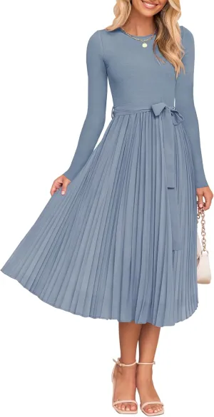ZESICA Women's Fall Long Sleeve Midi Dress Casual Crewneck Knit Belted Pleated A Line Flowy Party Dresses