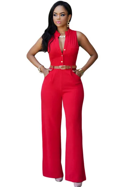 Zkess Jumpsuit Long Pants Women Rompers Sleeveless XXL V-neck 2017 Belt Solid Sexy Night Club Elegant Slim Jumpsuits Overalls