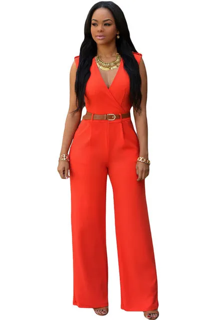 Zkess Jumpsuit Long Pants Women Rompers Sleeveless XXL V-neck 2017 Belt Solid Sexy Night Club Elegant Slim Jumpsuits Overalls