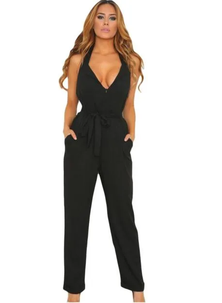 Zkess Jumpsuit Long Pants Women Rompers Sleeveless XXL V-neck 2017 Belt Solid Sexy Night Club Elegant Slim Jumpsuits Overalls