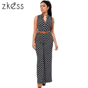 Zkess Jumpsuit Long Pants Women Rompers Sleeveless XXL V-neck 2017 Belt Solid Sexy Night Club Elegant Slim Jumpsuits Overalls
