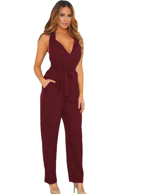 Zkess Jumpsuit Long Pants Women Rompers Sleeveless XXL V-neck 2017 Belt Solid Sexy Night Club Elegant Slim Jumpsuits Overalls