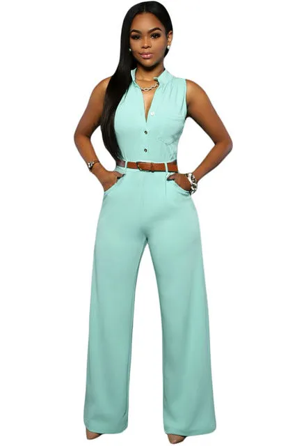 Zkess Jumpsuit Long Pants Women Rompers Sleeveless XXL V-neck 2017 Belt Solid Sexy Night Club Elegant Slim Jumpsuits Overalls