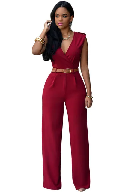 Zkess Jumpsuit Long Pants Women Rompers Sleeveless XXL V-neck 2017 Belt Solid Sexy Night Club Elegant Slim Jumpsuits Overalls